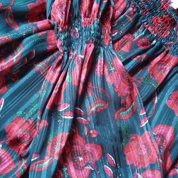 🌸Charming Charlie Floral Scoop Neck Women's Babydoll Top Teal Red Shiny Boho🌸 - Picture 4 of 12